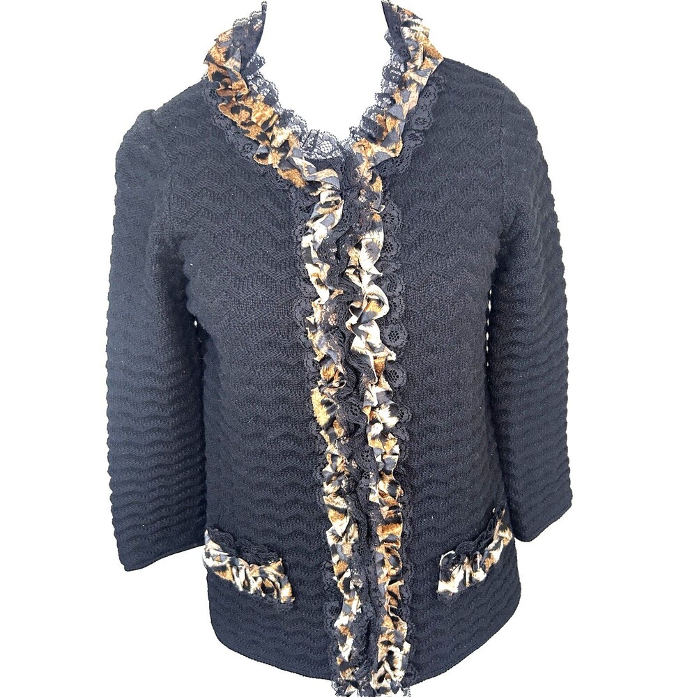 Chicos Knit Jacket Leopard &Lace Ruffle Trim Cardigan Hook Eye Closure Size 0